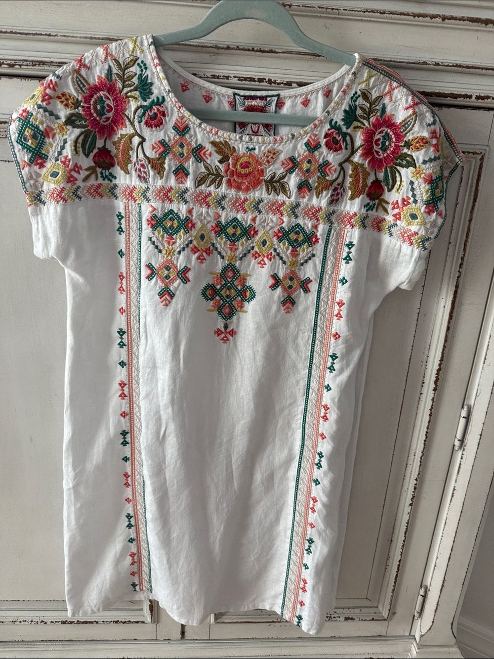 Johnny Was White Embroidered Floral Tunic Dress with Multicolor Accents